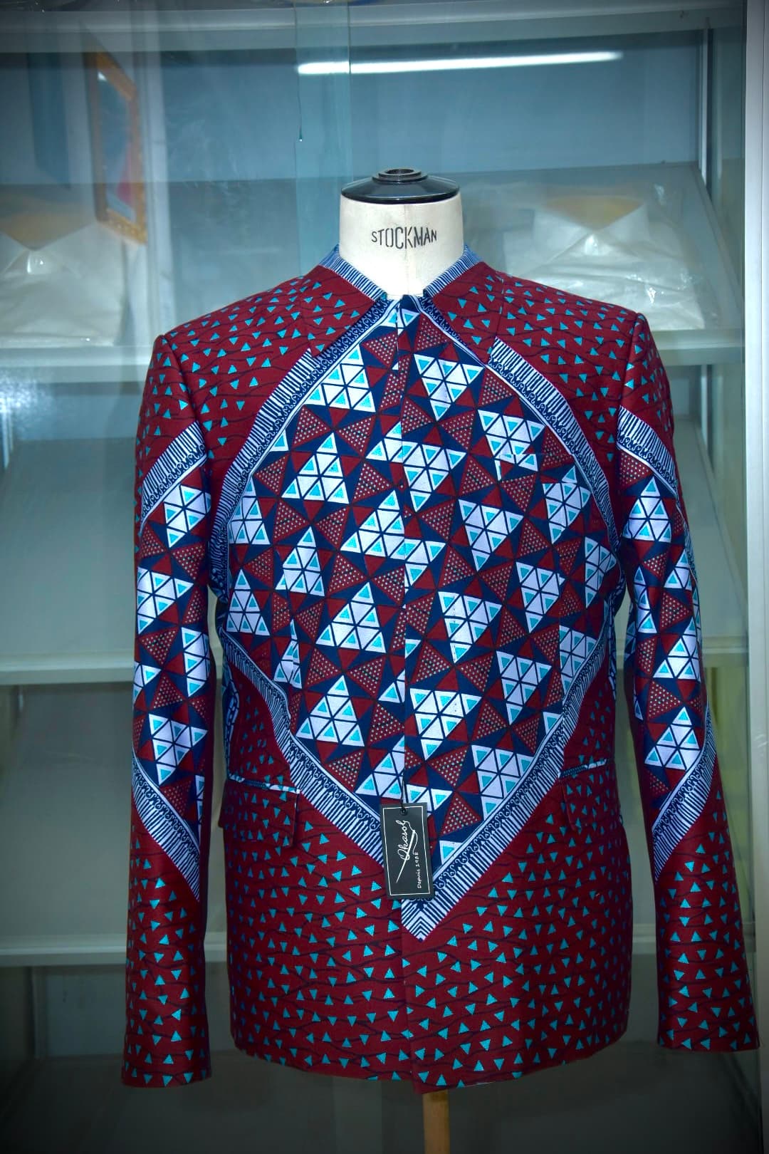 Veste wax bordeaux & turquoise, motifs géométriques