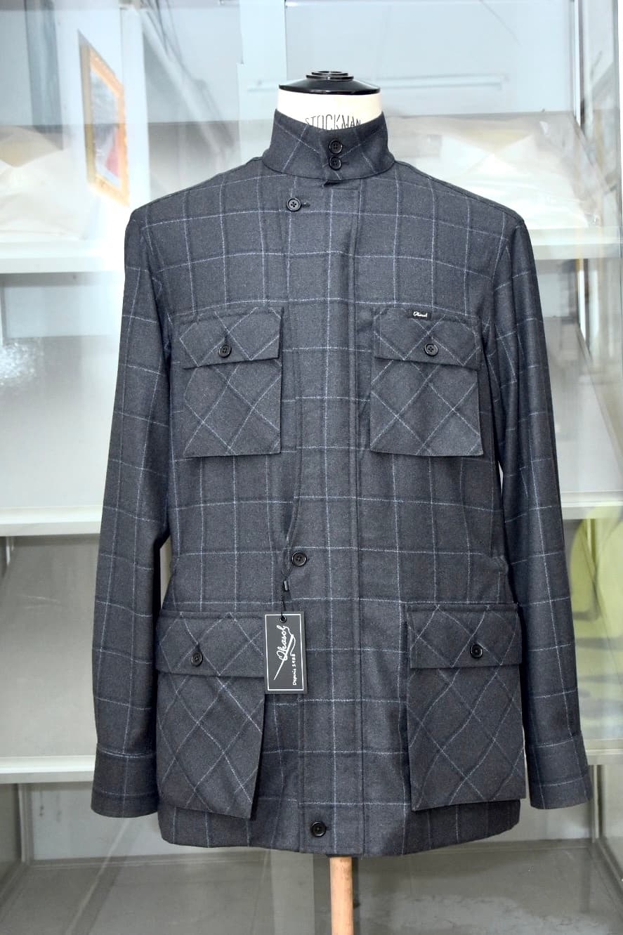 Veste sur-mesure en laine à carreaux fenêtre, col officier