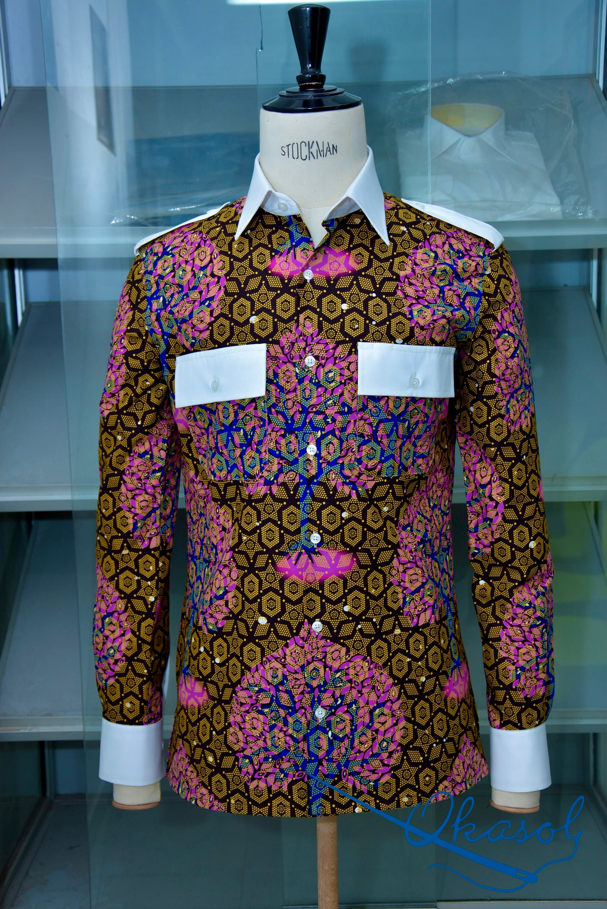 Chemise wax magenta & ambre, col & poches blanches
