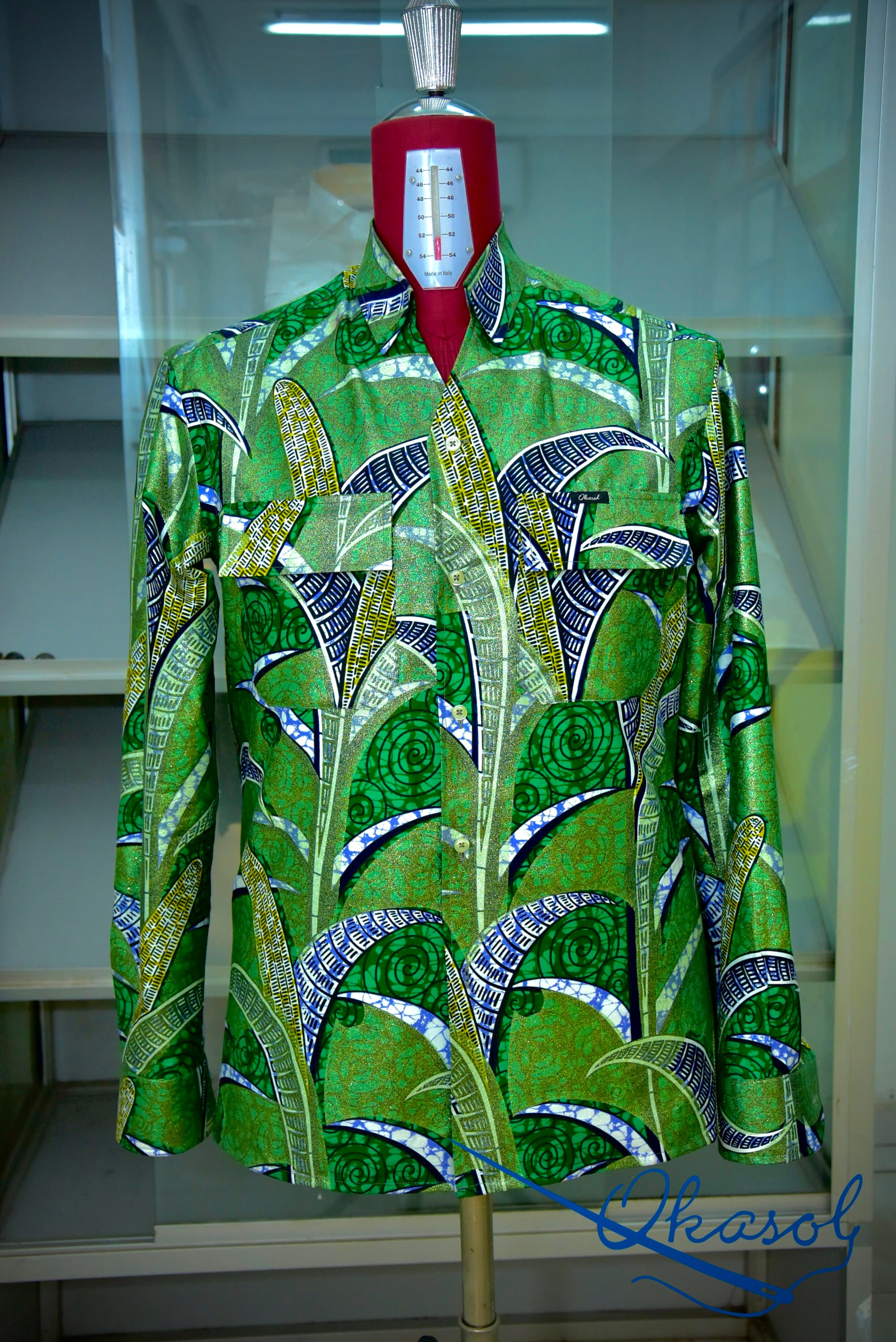 Chemise wax verte, motif fronde dorée